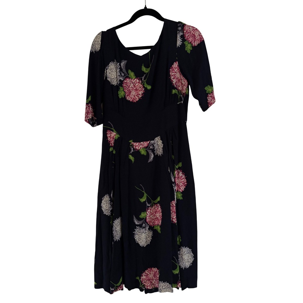 Emily and Fin Navy Pink Floral Chrysanthemum Midi Dress V-Neck Short Sleeve M